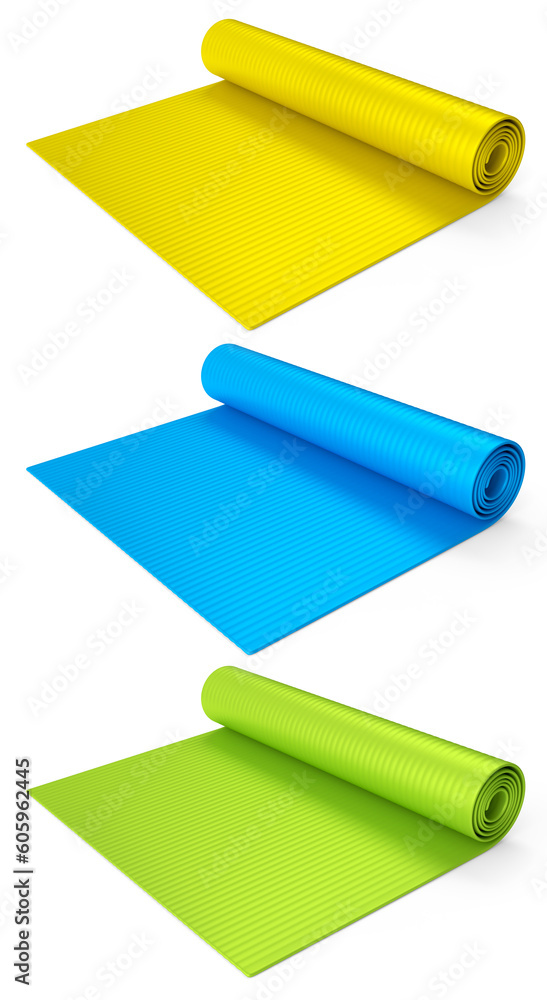 Set of yoga mats or lightweight foam camping bed roll pad isolated on white. Set of yoga mats or lightweight foam camping bed roll pad isolated on white.
