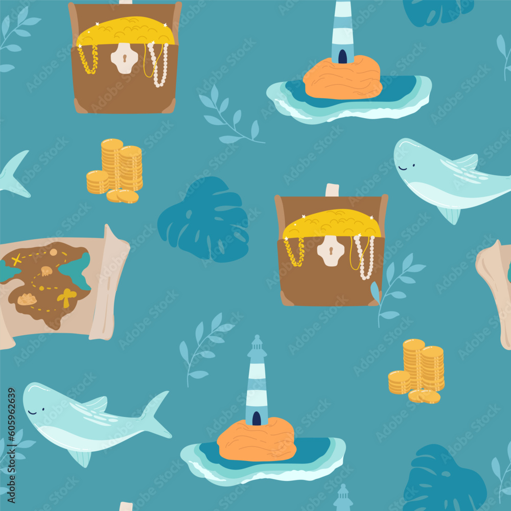 Pirate sea flat vector seamless pattern. Sailing backdrop. Anchor, map ...