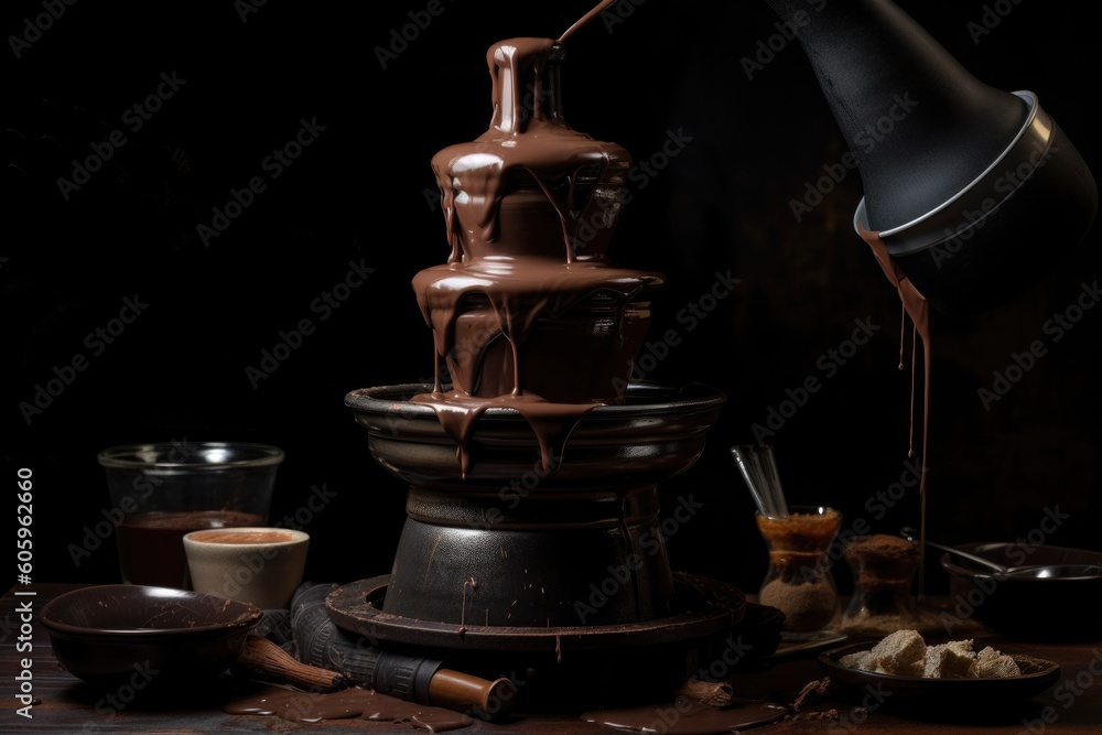 chocolate fountain with stream of rich, melted chocolate flowing into warm fondue pot, created with generative ai chocolate fountain with stream of rich, melted chocolate flowing into warm fondue pot, created with generative ai