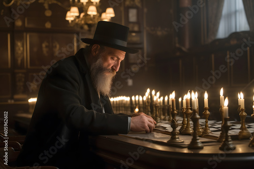 Orthodox Jew reads prayers in the temple. Neural network AI generated art Generative AI photo