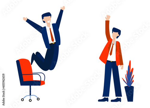 Businessman jump and raise hands up. Flat design vector illustration.