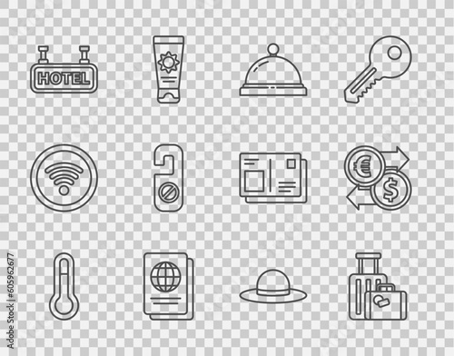 Set line Meteorology thermometer, Suitcase, Hotel service bell, Passport, Signboard with text, Please do not disturb, Elegant women hat and Money exchange icon. Vector