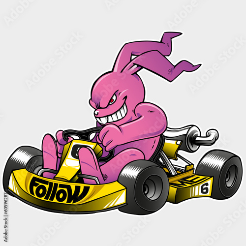 Rabbit on a go-kart mascot of a racing team. Pink rabbit grinning driving a yellow go-kart. Sport illustration concept