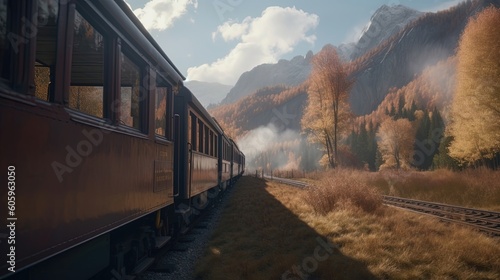 Embark on a nostalgic vintage train journey through breathtaking scenic landscapes. Generated by AI.