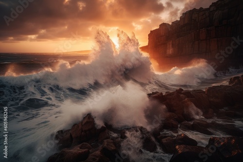 dramatic sunset over towering cliffs, with waves crashing against the rocks, created with generative ai