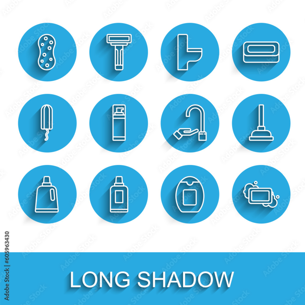 Set line Bottle for cleaning agent, Sponge, of shampoo, Bar soap, Shaving gel foam, Rubber plunger and Washing hands with icon. Vector Set line Bottle for cleaning agent, Sponge, of shampoo, Bar soap, Shaving gel foam, Rubber plunger and Washing hands with icon. Vector