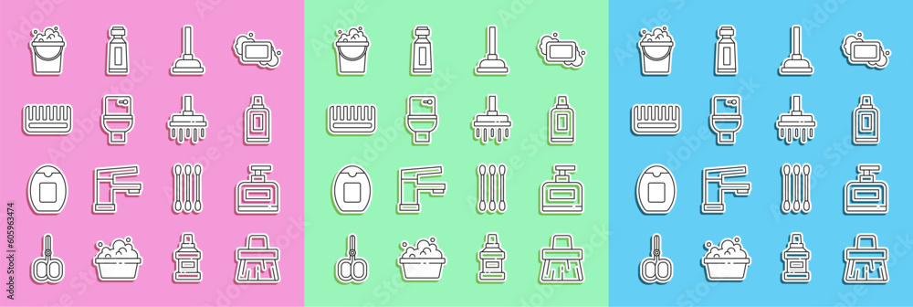 Set line Handle broom, Bottle of shampoo, for cleaning agent, Rubber plunger, Toilet bowl, Hairbrush, Bucket with soap suds and Shower head icon. Vector Set line Handle broom, Bottle of shampoo, for cleaning agent, Rubber plunger, Toilet bowl, Hairbrush, Bucket with soap suds and Shower head icon. Vector