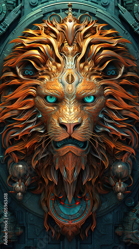 A painting of a lion s head with glowing eyes. Generative AI.