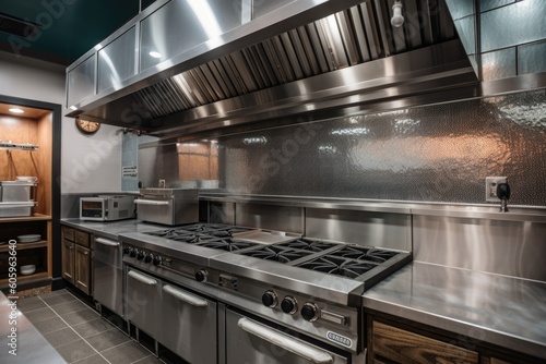custom-built cooking station with commercial range, industrial vent hood, and granite countertop, created with generative ai