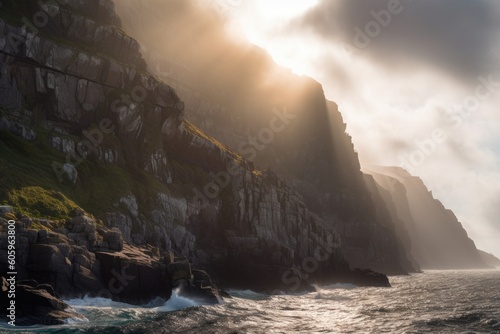 backlit coastal cliffs with streaks of sunlight and clouds, created with generative ai