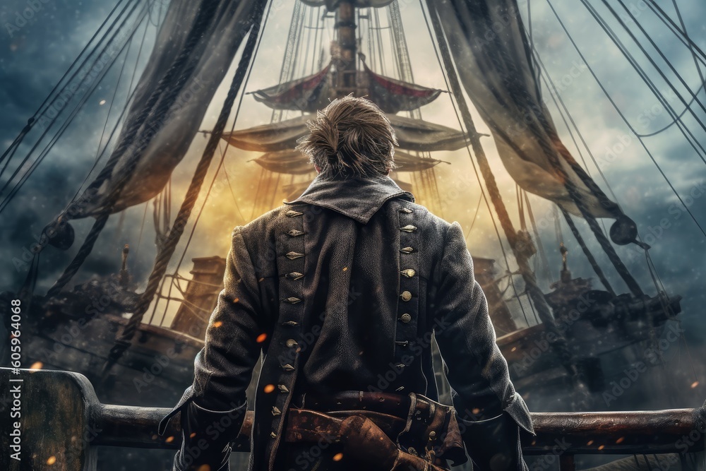 Fototapeta premium Pirate man aboard pirate ship. Generate Ai