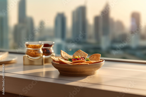 Fototapeta Naklejka Na Ścianę i Meble -  delicious Emirati harees, dubay city in background. generative AI
