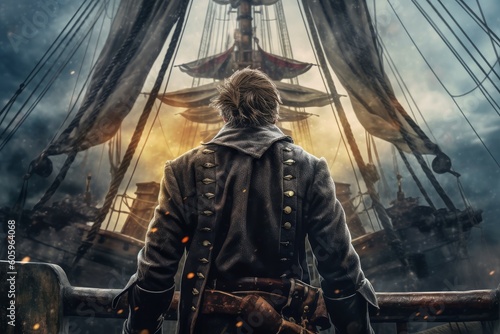 Fototapeta Pirate man aboard pirate ship. Generate Ai