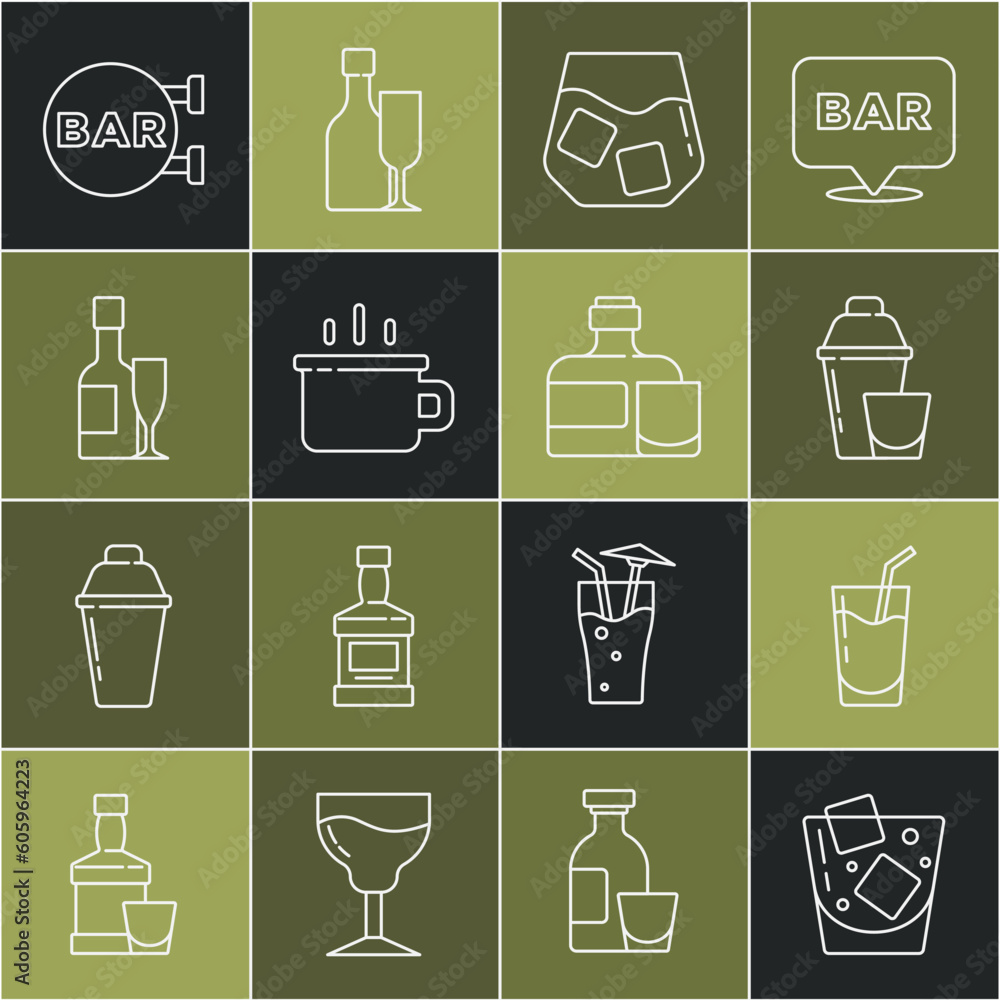 Set line Glass of whiskey, Cocktail, shaker, Coffee cup, Champagne bottle and glass, Street signboard with Bar and Whiskey icon. Vector Set line Glass of whiskey, Cocktail, shaker, Coffee cup, Champagne bottle and glass, Street signboard with Bar and Whiskey icon. Vector
