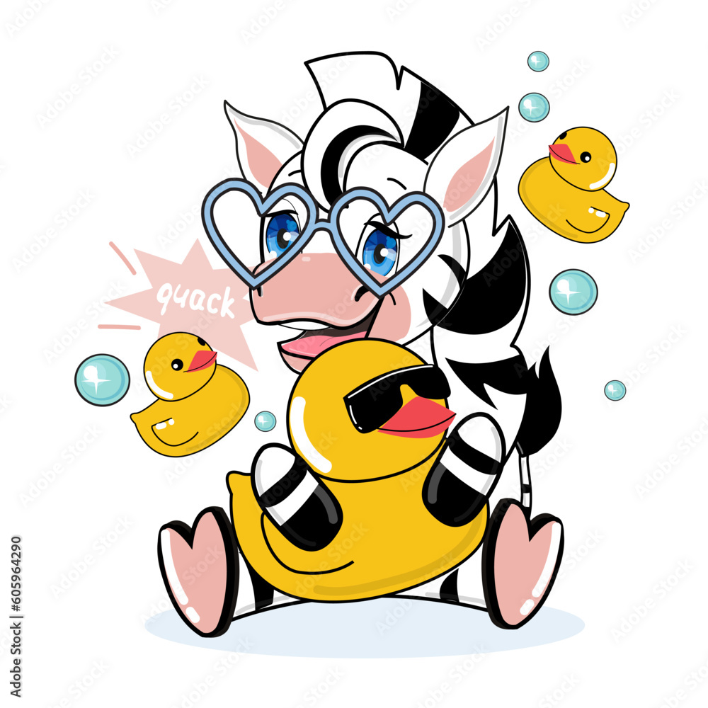 Funny cartoon summer zebra with inflatable duck. Vector illustration for kids. Design for t-shirt Funny cartoon summer zebra with inflatable duck. Vector illustration for kids. Design for t-shirt
