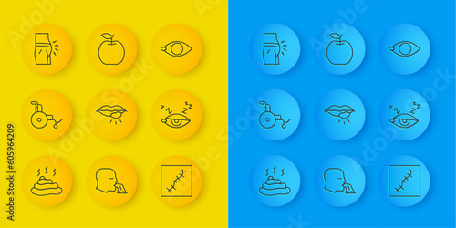 Set line Shit, Wheelchair, Herpes lip, Scar with suture, Insomnia, Abdominal bloating, Blindness and Apple icon. Vector