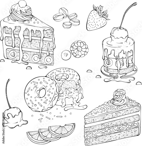 Set of various desserts. Piece of cake, pastry, donuts, meringue with fruit. Vector illustrations in hand drawn sketch doodle style. Line art dessert isolated on white. Design for coloring book, print