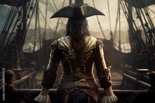 Fényképezés Pirate sexy woman aboard pirate ship. Generate Ai