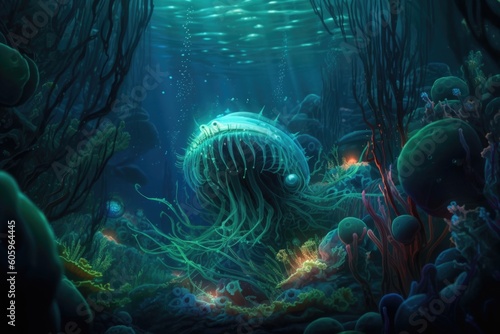deep-sea creature swimming through psychedelic underwater landscape of bioluminescence, created with generative ai © Natalia