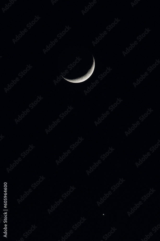Bright Crescent Moon On Dark Black Night Sky. Amazing Night Sky Landscape And Moon, Stars. Waxing Crescent Moon. Moonlight In Night Sky. Real Sky With Star And Crescent. Copy Space. Bright Crescent Moon On Dark Black Night Sky. Amazing Night Sky Landscape And Moon, Stars. Waxing Crescent Moon. Moonlight In Night Sky. Real Sky With Star And Crescent. Copy Space.
