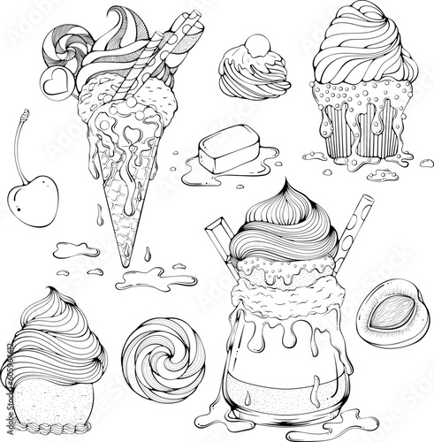 Set of different desserts with ice cream. Ice cream cone, milk shake cocktail, freakshakes dessert, ice cream scoop, cupcake. Vector illustrations in hand drawn sketch doodle style. Line art isolated