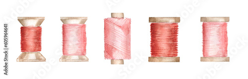 Spools of thread, vintage watercolor illustration. Sewing set. Needlework logo.