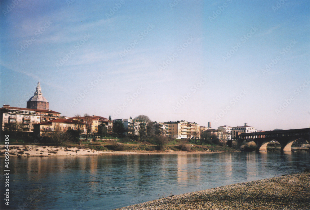 Pavia Cityscape View from Ticino River. Pavia, Italy. Film Photography