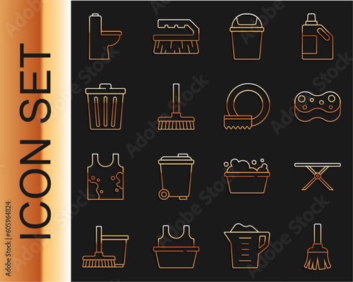 Set line Feather broom, Ironing board, Sponge, Trash can, Handle, Toilet bowl and Washing dishes icon. Vector