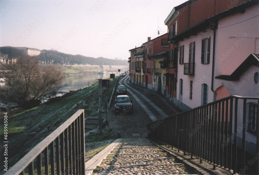 Borgo Ticino Village Cityscape on Ticino River. Pavia, Italy. Film Photography