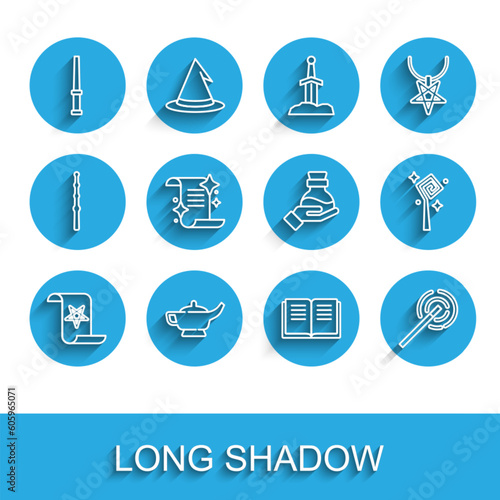 Set line Ancient magic book, Magic lamp or Aladdin, wand, staff and Bottle with potion icon. Vector