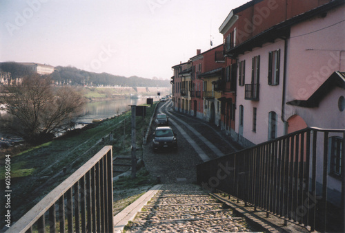 Borgo Ticino Village Cityscape on Ticino River. Pavia, Italy. Film Photography