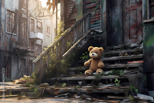 teddy bear on the steps, symbolizing of the poverty. generative AI
