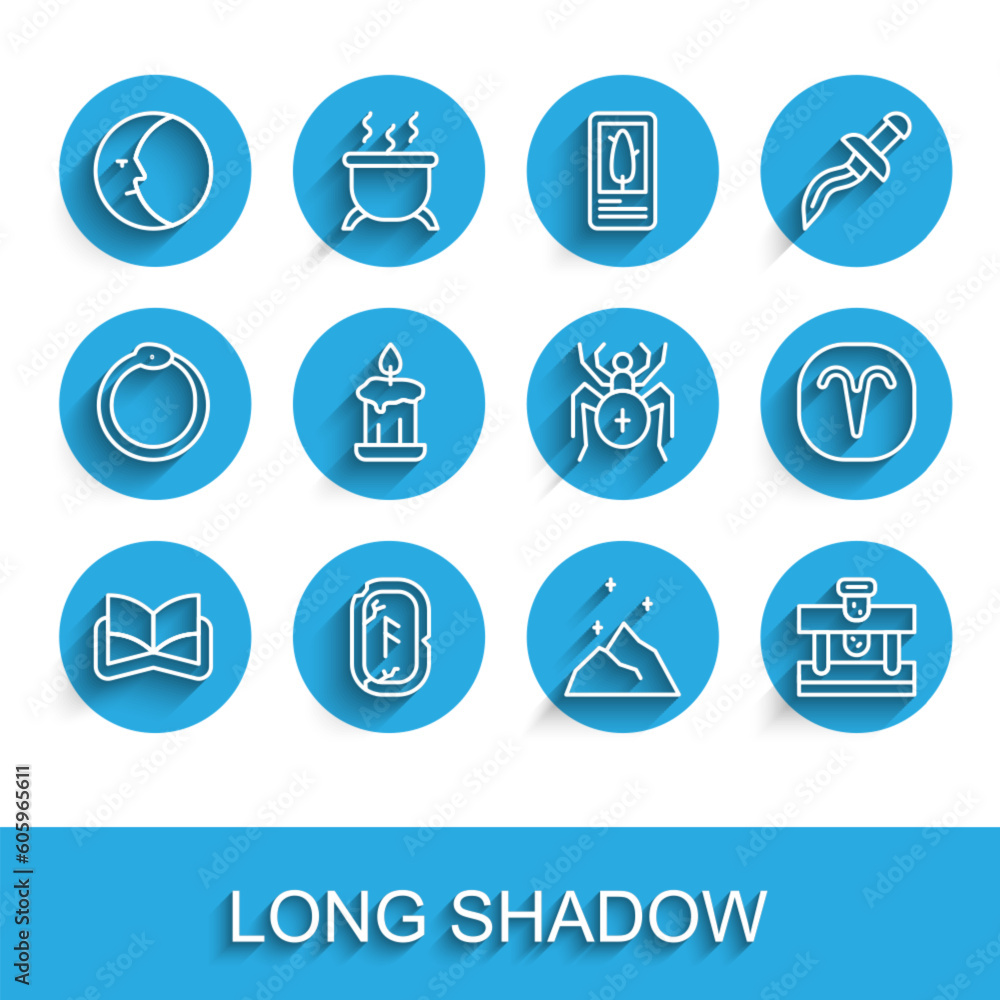 Fototapeta premium Set line Ancient magic book, Magic runes, Moon, powder, Bottle with potion, Burning candle, Aries zodiac and Spider icon. Vector