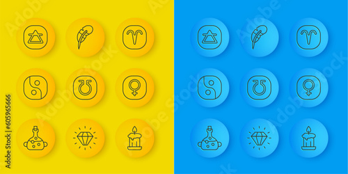 Set line Poison in bottle, Yin Yang, Life, Burning candle, Venus, Air element, Aries zodiac and Feather pen icon. Vector
