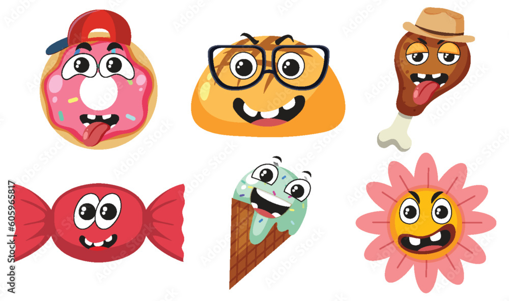Set of food cartoon character simple style Set of food cartoon character simple style