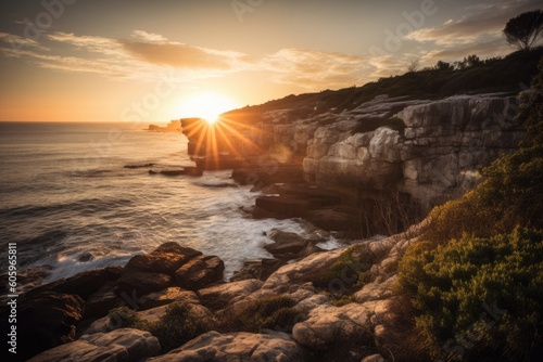 the sun setting over a picturesque coastal cliff, with the rocks and ocean in the background, created with generative ai
