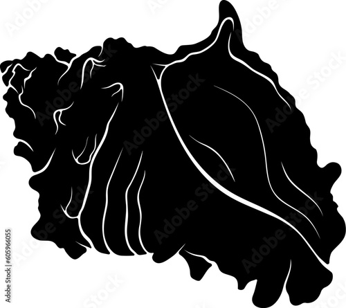 Spiral rapaninae seashell side view silhouette. Black vector hand drawn illustration isolated on white. Element for design seafood shop or menu, decor, label. Simple flat symbol ocean seashell