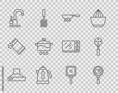 Set line Kitchen extractor fan, Fried eggs on frying pan, Frying, Electric kettle, Water tap, Cooking pot, and Spatula icon. Vector photo