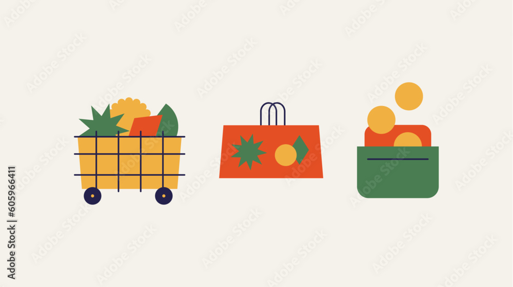 Shopping cart with paper bag and wallet with money. Abstract store icons. Shopping cart with paper bag and wallet with money. Abstract store icons.
