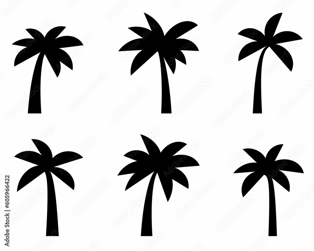 Black palm trees set isolated on white background. Design of palm trees