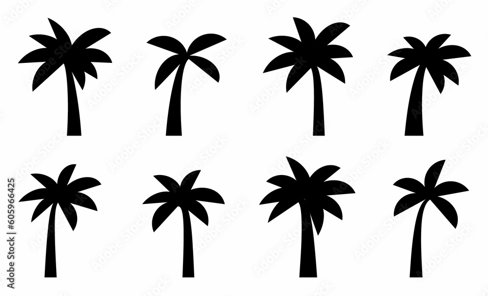 Black palm trees set isolated on white background. Design of palm trees for posters, banners and promotional items. Vector illustration Black palm trees set isolated on white background. Design of palm trees for posters, banners and promotional items. Vector illustration
