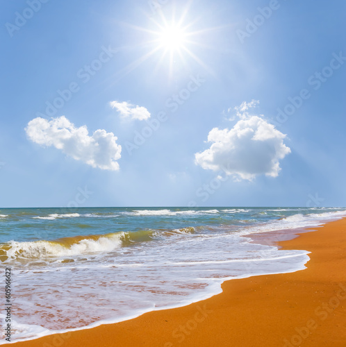 long sandy sea  beach at hot sunny day  summer sea vacation scene