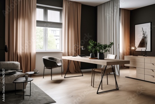 sober and minimalist office with sleek furniture, neutral colors, and clutter-free spaces, created with generative ai © Natalia
