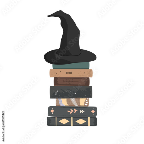 Pile of magic books with a witch hat on the top. Design element of wizard school or home interior, vector illustration.