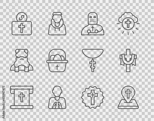 Set line Flag with christian cross, Location church building, Knight crusader, Hands praying position, Donation for, Basket easter eggs, Christian and icon. Vector