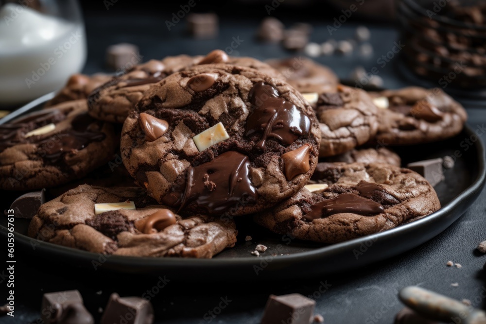 plate of cookies, topped with chocolate and broken into pieces, created with generative ai plate of cookies, topped with chocolate and broken into pieces, created with generative ai
