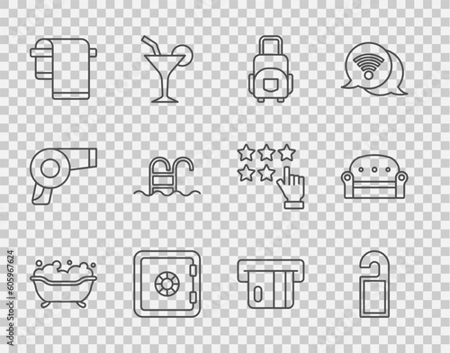 Set line Bathtub, Please do not disturb, Suitcase, Safe, Towel on hanger, Swimming pool, Credit card and Sofa icon. Vector