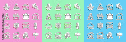 Set line Ask for help text, Donation money, Real estate, Trash can, Bench, Homeless, and Hiking backpack icon. Vector