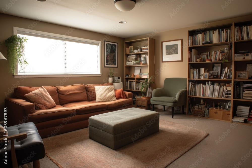 family room, with bookshelf and couch, decluttered and ready for family time, created with generative ai family room, with bookshelf and couch, decluttered and ready for family time, created with generative ai