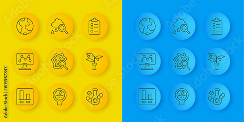 Set line Graph chart infographic, Genetic engineering, Microorganisms under magnifier, Medicine pill, Plant breeding, Earth globe, To do list planning and Cloud with rain icon. Vector